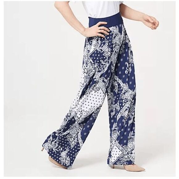 Susan Graver Women 2X Print Liquid Knit Wide Leg Palazzo Pants Black Stretch NWT - Picture 1 of 4